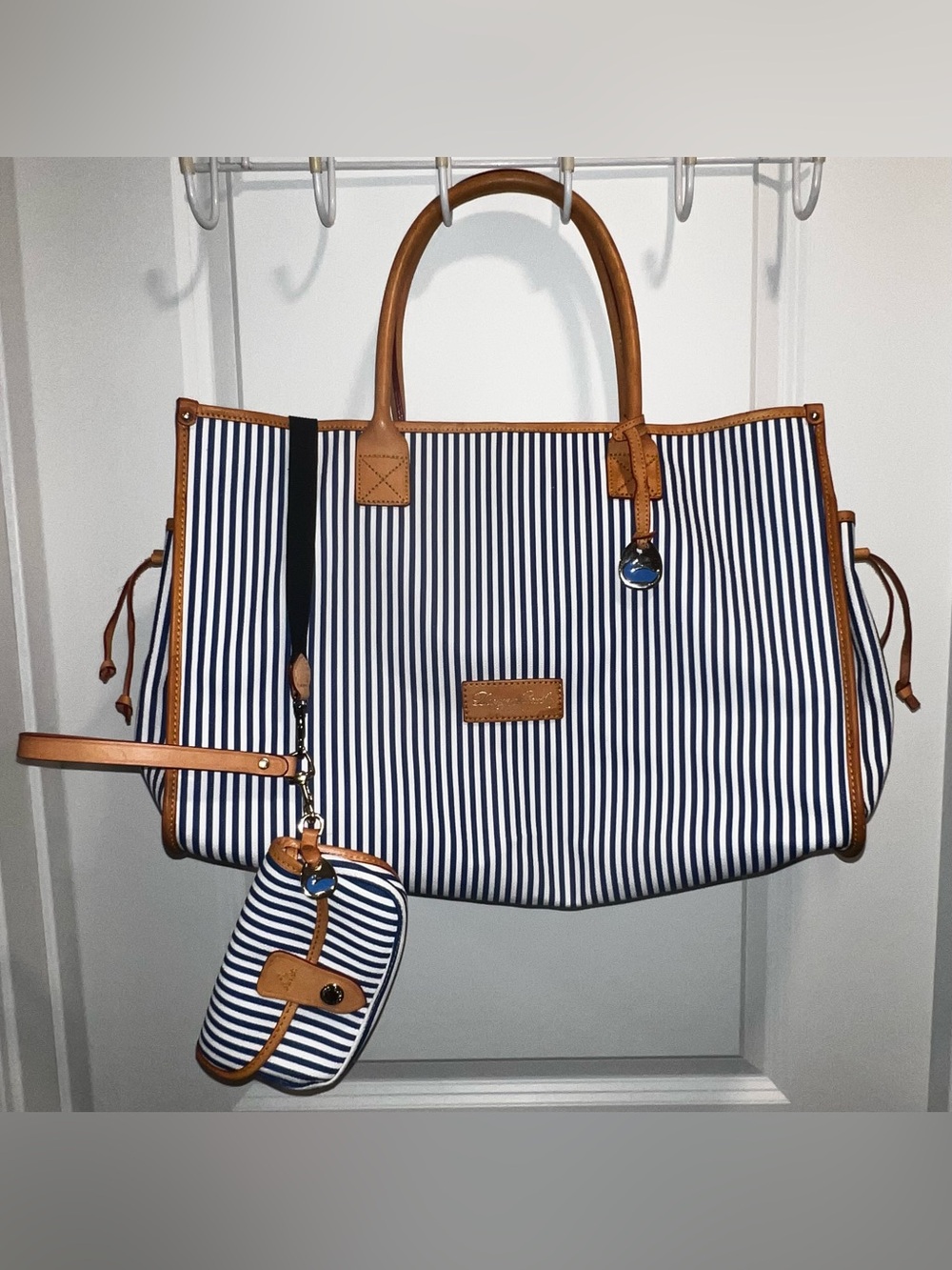 Dooney & Bourke Navy & White Striped Tote with Tan Leather Trim